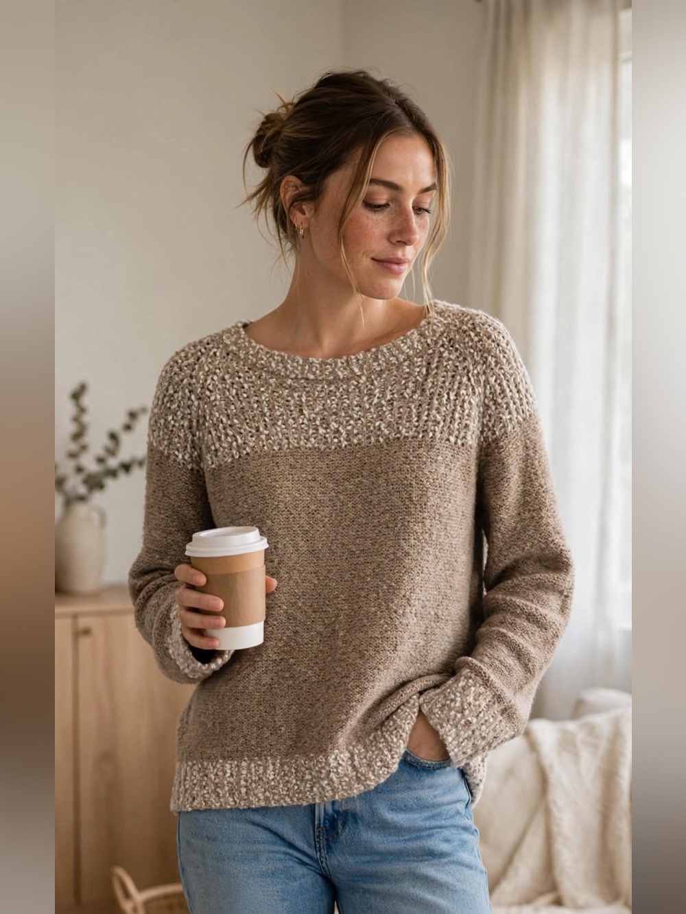 FATE Womens Large Taupe Mixed Knit Colorblock Pullover Sweater